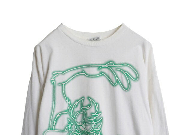 90s ワーナー タズマニアンデビル プリント 長袖 Tシャツ メンズ レディース L / オールド オフィシャル キャラクター イラスト ロンT 白