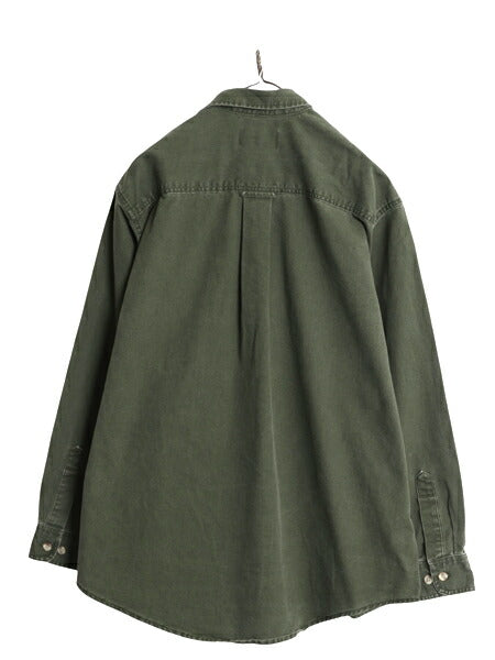 90s USA製 エディーバウアー コットン キャンバス 長袖 シャツ メンズ XL / 古着 オールド 無地 ヘビーウェイト ポケット付き 大きいサイズ