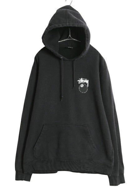 ステューシー 8ボール 両面 プリント スウェット フード パーカー メンズ XL 古着 トレーナー 裏起毛 プルオーバー ブラック 大きいサイズ