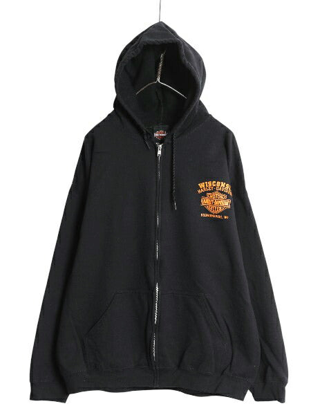 ハーレー ダビッドソン 両面 プリント フルジップ スウェット フード パーカー メンズ XL トレーナー バイク イーグル 星条旗 イラスト 黒