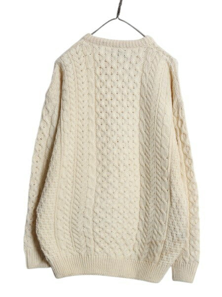 アイルランド製 Carraig Donn フィッシャーマン ウール ニット セーター メンズ レディース M 古着 アラン ケーブル ローゲージ ナチュラル