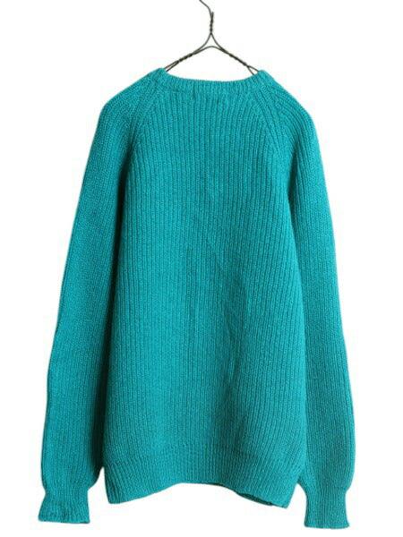 80s シェットランド ウール チャンキー ニット セーター メンズ M 古着 ヴィンテージ Laura Peterson クルーネック 無地 ターコイズ ブルー
