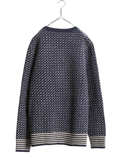 J CREW バーズアイ ラム ウール ニット セーター メンズ L 古着 ジェイクルー ノルディック クルーネック ミドルゲージ ツートン 総柄 紺
