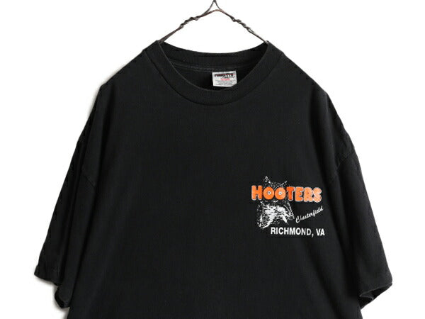 90s 大きいサイズ XXL ■ HOOTERS 両面 プリント 半袖 Tシャツ ( メンズ 2XL ) 90年代 黒 企業 イラスト キャラクター フーターズ ハーレー