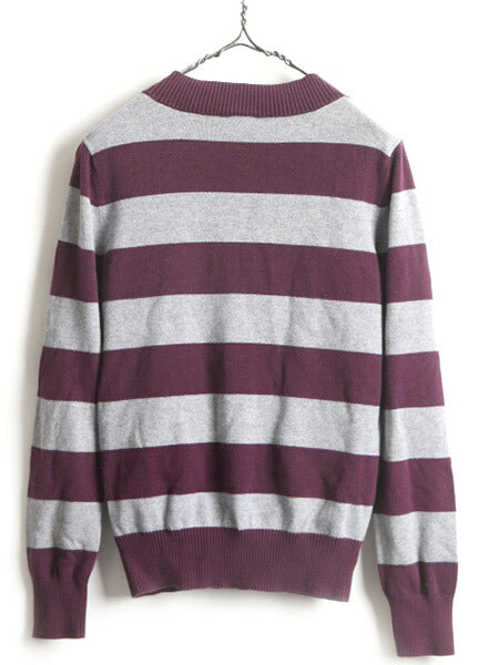 ■ GAP ギャップ ワイド ボーダー Vネック 長袖 コットン ニット セーター ( レディース M ) 古着 ストレッチ 2トーン プルオーバー 灰 紫