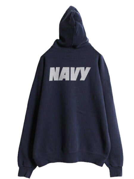 90s US NAVY 両面 プリント スウェット フード パーカー メンズ M 程/ 90年代 オールド ミリタリー トレーナー 裏起毛 軍物 ネイビー USN
