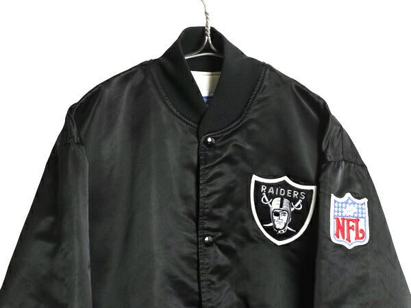 90s USA製 レイダース ナイロン サテン スタジャン メンズ L オールド NFL オフィシャル スターター 中綿 キルティング ライナー ブラック