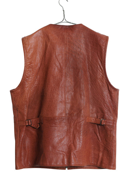 LEATEHR NETWORK フルジップ 本革 レザー ベスト メンズ XL 程/ サファリ タイプ ライナー付き 4ポケット 重ね着 前開き 大きいサイズ 茶