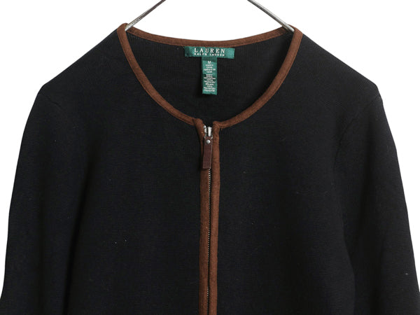 00s ローレン ラルフローレン ノーカラー ニット ジャケット レディース M / オールド フルジップ コットン セーター ロング ブレザー 黒