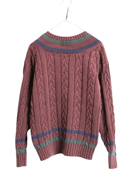 90s OLD GAP チルデン ケーブル ニット セーター メンズ M 程 90年代 オールド ギャップ 紺タグ Vネック ヘビーウェイト コットン ブラウン