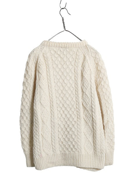 アイランド製 フィッシャーマン ウール ニット カーディガン レディース M ハンドメイド アラン ケーブル セーター 前開き 丸首 ナチュラル