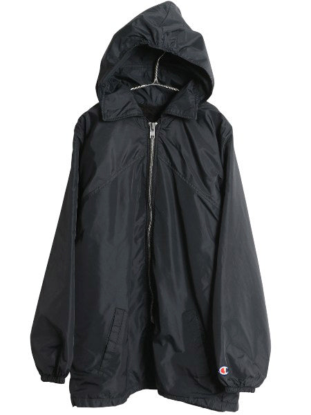 80s USA製 チャンピオン カレッジ プリント ナイロン ジャケット メンズ L ヴィンテージ ハーフ コート ボア フリース ライナー 目付き 黒