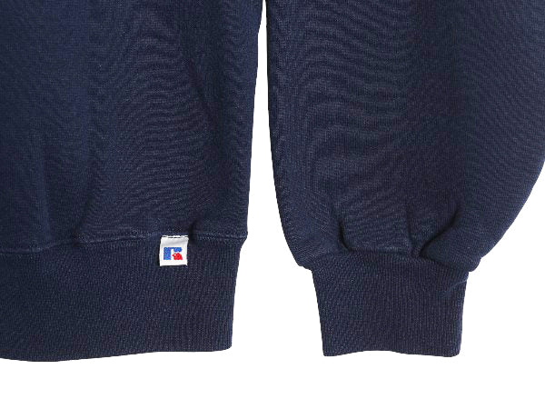 90s ラッセル ワンポイント ロゴ 刺繍 スウェット メンズ レディース L / オールド トレーナー 前V 裏起毛 クルーネック シンプル ネイビー
