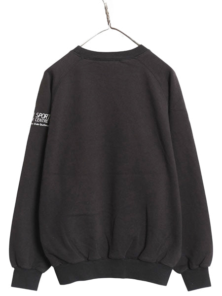 90s アディダス ロゴ 刺繍 スウェット メンズ レディース M オールド トレーナー 前V 裏起毛 サッカー クルーネック ブラック 薄手 企業