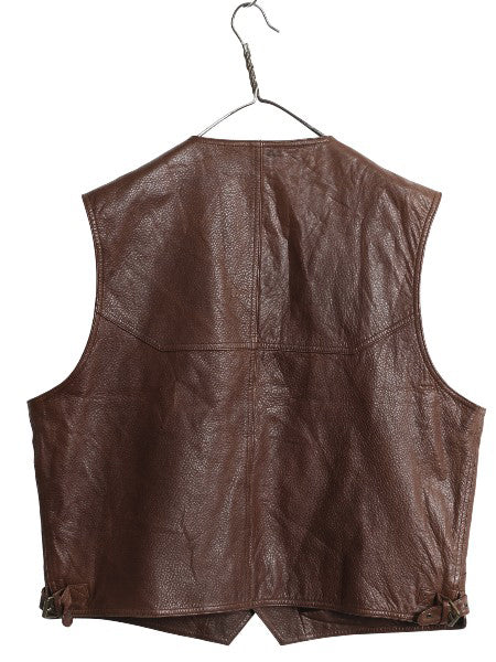 90s オービス 本革 レザー ベスト メンズ XL / オールド 旧タグ アウトドア ハンティング ライナー付き 重ね着 シンプル 大きいサイズ 茶