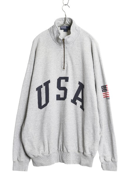 90s ポロ ラルフローレン ハーフジップ USA プリント スウェット メンズ XL / オールド ハイネック トレーナー 星条旗 裏起毛 大きいサイズ