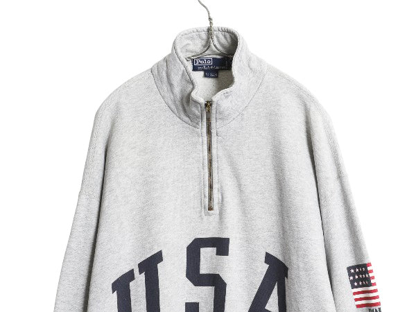 90s ポロ ラルフローレン ハーフジップ USA プリント スウェット メンズ XL / オールド ハイネック トレーナー 星条旗 裏起毛 大きいサイズ