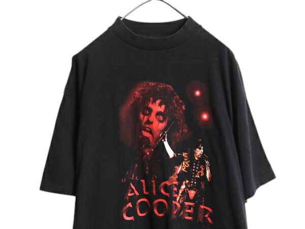 90s ★ アリスクーパー フォト プリント Tシャツ メンズ XL 古着 イラスト グラフィック バンド ロック モックネック シングルステッチ 黒