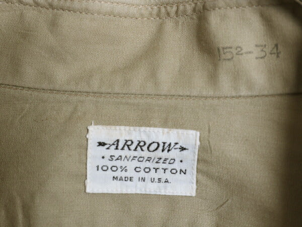 50s USA製 ★ ARROW マチ付き コットン ポプリン ワーク シャツ 15 メンズ L 程 古着 ヴィンテージ 長袖シャツ ポケット付き 無地 ベージュ