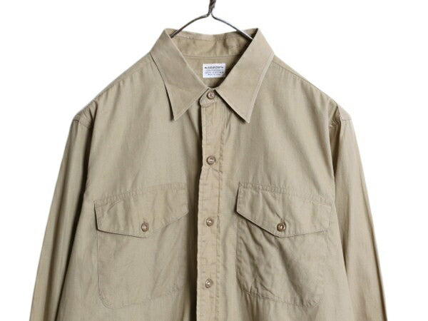 50s USA製 ★ ARROW マチ付き コットン ポプリン ワーク シャツ 15 メンズ L 程 古着 ヴィンテージ 長袖シャツ ポケット付き 無地 ベージュ