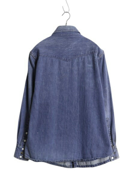 70s ★ BAR C デニム ウエスタン シャツ メンズ M / 古着 ヴィンテージ バットダイ コットン スナップボタン ヘビーウェイト ポケット付き