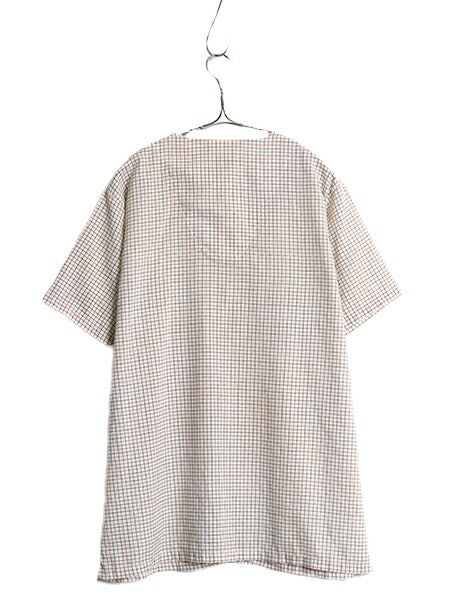 60s 70s ★ チェック 半袖 パジャマ シャツ メンズ M ヴィンテージ ポケット付き ノーカラー スリーピング ルームウェア シワになりにくい