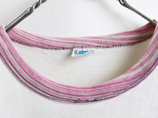 70's Champion Blue Bar Tag Marble Ringer College Print T-Shirt (M)