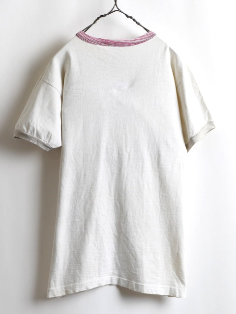 70's Champion Blue Bar Tag Marble Ringer College Print T-Shirt (M)