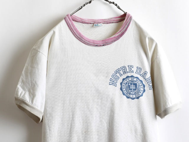 70's Champion Blue Bar Tag Marble Ringer College Print T-Shirt (M)
