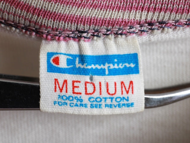 70's Champion Blue Bar Tag Marble Ringer College Print T-Shirt (M)