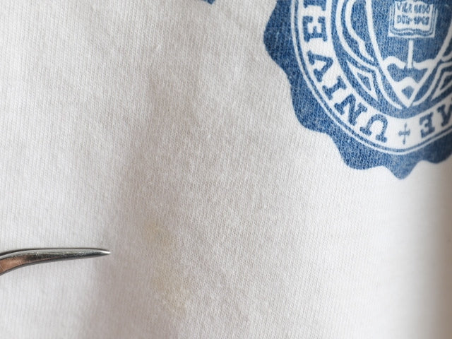 70's Champion Blue Bar Tag Marble Ringer College Print T-Shirt (M)