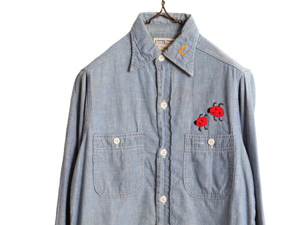 60s ★ DOUBLE RINGER ハンドメイド 刺繍 シャンブレー シャツ メンズ S 程/ 60年代 ヴィンテージ ワーク 100% コットン 長袖シャツ 一点物