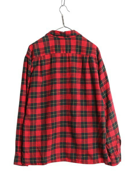 60s ★ タータン チェック ライト フランネル シャツ メンズ L / ヴィンテージ コットン ネル オープンカラー 開襟 ボックス ポケット付き