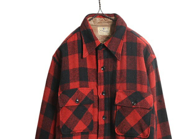 50s ★ ピルグリム マチ付き ブロック チェック ウール シャツ メンズ XL 程/ ヴィンテージ シアーズ CPO ジャケット ヘビーウェイト 赤 黒