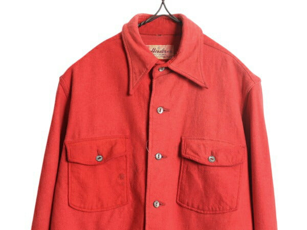 40s USA製 ★ hessler ウール フランネル シャツ メンズ S / 古着 ヴィンテージ 長袖シャツ ネルシャツ ポケット付き 胸ポケット 無地 赤