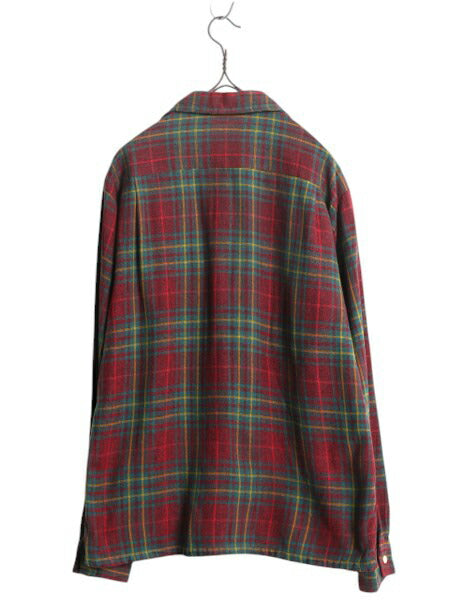 60s ★ チェック 長袖 ウール シャツ メンズ M / 古着 60年代 ヴィンテージ オープンカラー 開襟 ボックス ポケット付き マルチカラー 薄手