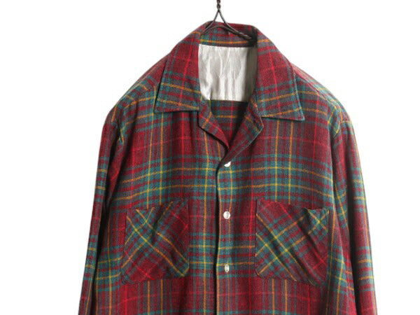 60s ★ チェック 長袖 ウール シャツ メンズ M / 古着 60年代 ヴィンテージ オープンカラー 開襟 ボックス ポケット付き マルチカラー 薄手