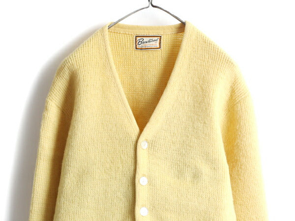 60s ビンテージ ★ BRENTWOOD ウール 長袖 ニット カーディガン ( メンズ M ) 古着 60年代 セーター 毛長 ポケット付き 無地 黄 2トーン