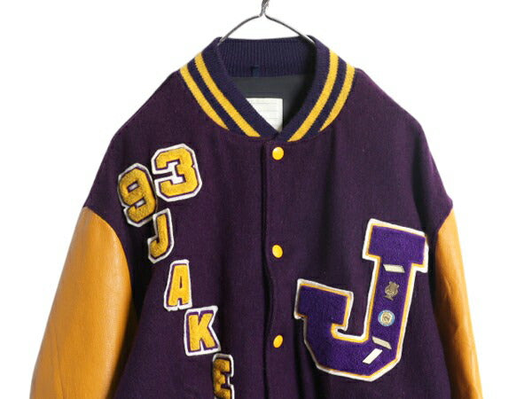 70s USA製 ★ DELONG 袖レザー ウール スタジャン メンズ XL 程 ヴィンテージ アワード ジャケット カレッジ サガラ ワッペン付き ツートン