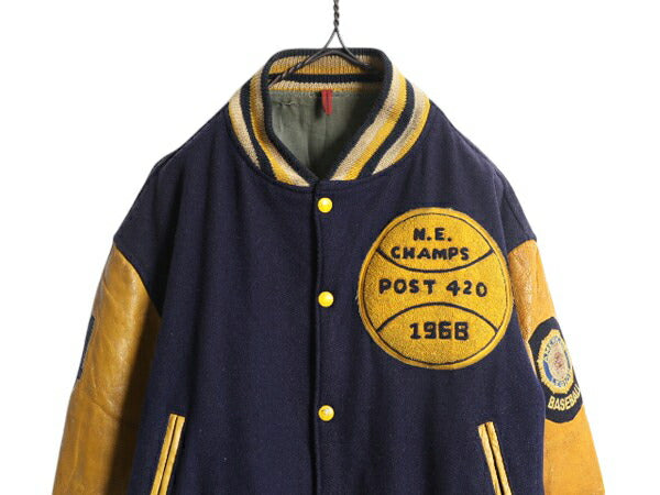 60s USA製 ★ HATCHERS 袖レザー ウール スタジャン メンズ L 程/ 古着 ヴィンテージ サガラ ワッペン付き アワード ブルゾン ツートン
