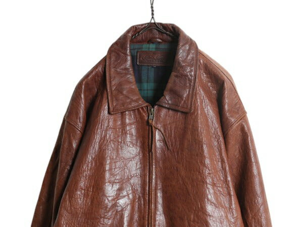 90s ★ ブルックスブラザーズ 本革 ラム レザー スイングトップ ジャケット メンズ M 古着 革ジャン フルジップ チェック ライナー付き 茶