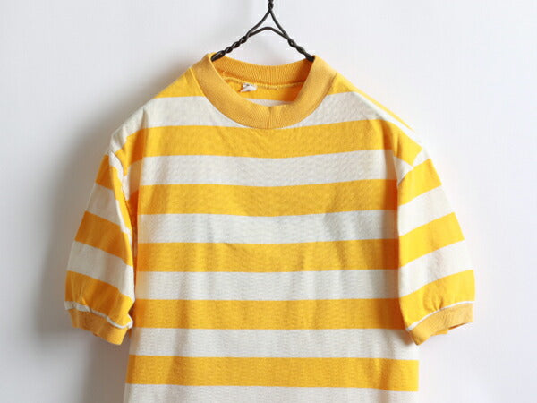 70s ★ コットン 2色 ボーダー 柄 半袖 モックネック Tシャツ ( メンズ 男性 M ) 70年代 ビンテージ 古着 黄 × 白 USED