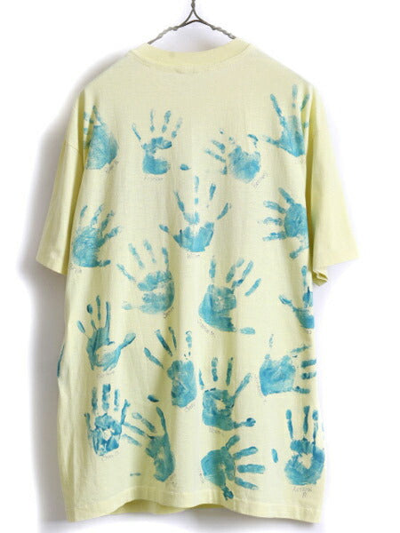 90s メモリアル 手形 総柄 オールオーバー プリント 半袖 Tシャツ (XL程)