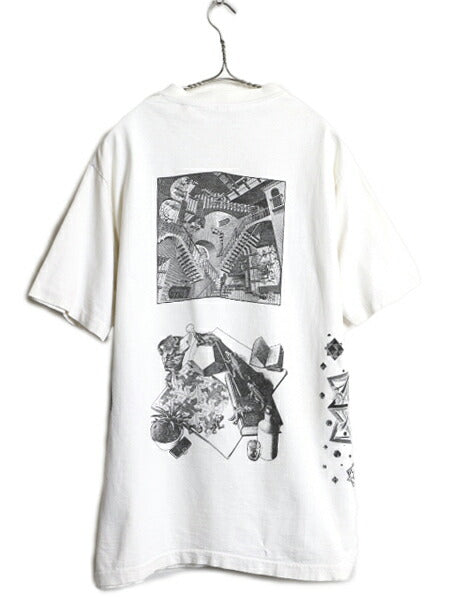 80s USA製 ★ エッシャー アート イラスト プリント Tシャツ メンズ XL~ ヴィンテージ 当時物 オフィシャル 芸術 だまし絵 グラフィック 白