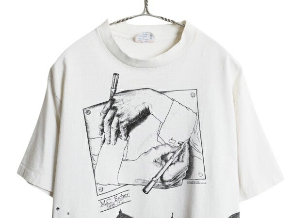 80s USA製 ★ エッシャー アート イラスト プリント Tシャツ メンズ XL~ ヴィンテージ 当時物 オフィシャル 芸術 だまし絵 グラフィック 白
