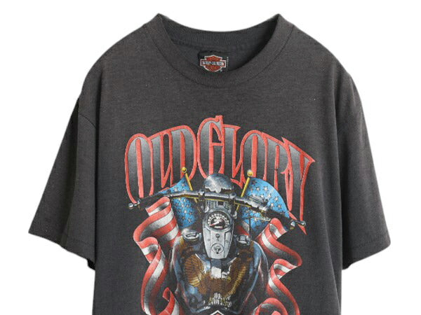 90s USA製 ★ ハーレー ダビッドソン イラスト プリント Tシャツ メンズ L 古着 オールド オフィシャル バイク 星条旗 イーグル アート 黒