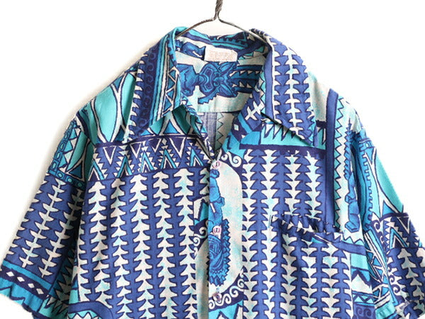 70s ★ ベアフットインパラダイス 総柄 ループ留め オープンカラー コットン アロハシャツ メンズ M / 70年代 ビンテージ 半袖シャツ 開襟