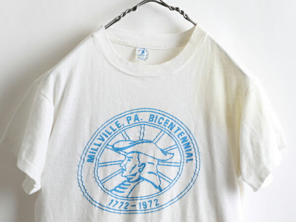 70s ★ Velva Sheen ヴェルバシーン ミルヴィル 200周年 プリント 半袖 コットン Tシャツ ( メンズ 男性 M ) 70年代 ビンテージ 古着 USED