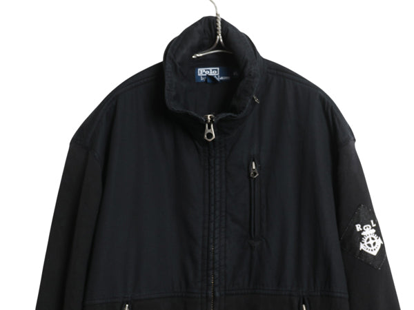 00s ポロ ラルフローレン スウェット コットン 切替 ジャケット メンズ XL オールド 収納フード ブルゾン 裏起毛 大きいサイズ 黒 ワッペン