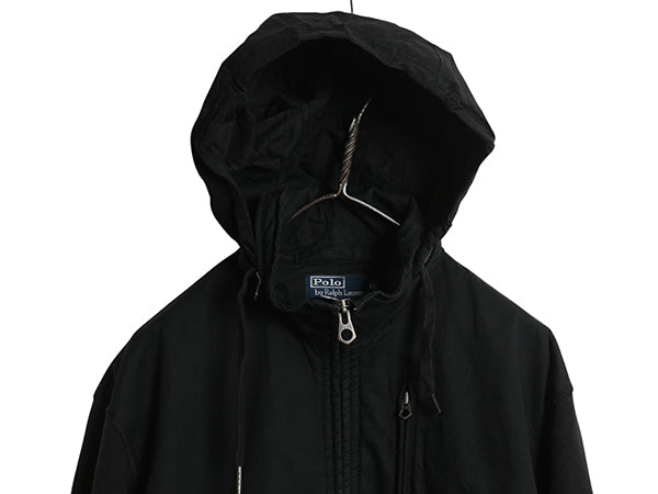 00s ポロ ラルフローレン スウェット コットン 切替 ジャケット メンズ XL オールド 収納フード ブルゾン 裏起毛 大きいサイズ 黒 ワッペン